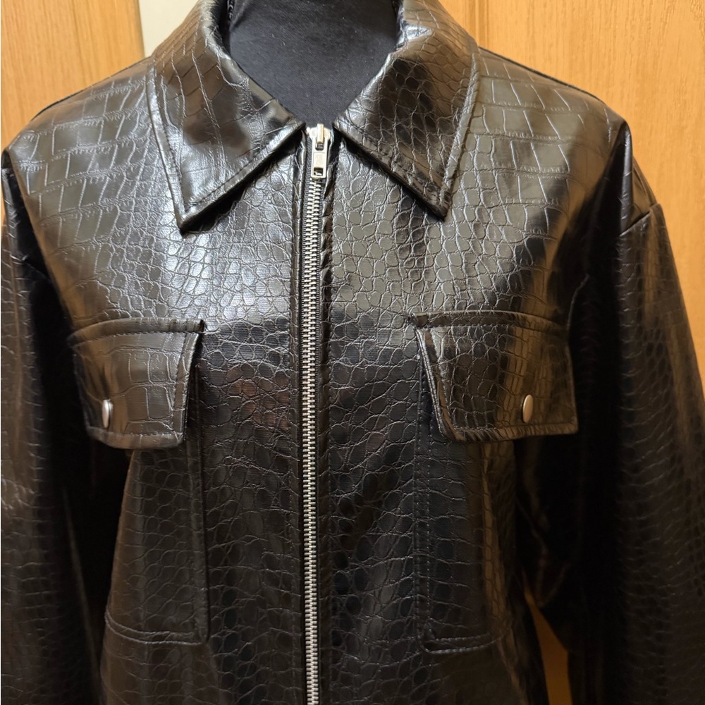 ASOS Black Croc-Pattern Leather Jacket - Picture 4 of 9